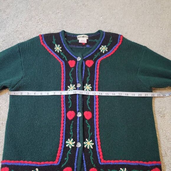 VINTAGE WINONA HAND EMBROIDERED WOOL CARDIGAN SIZE M GREEN RED - Picture 4 of 6